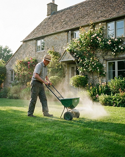 Homme épandant de la chaux sur une pelouse devant une maison en pierre.